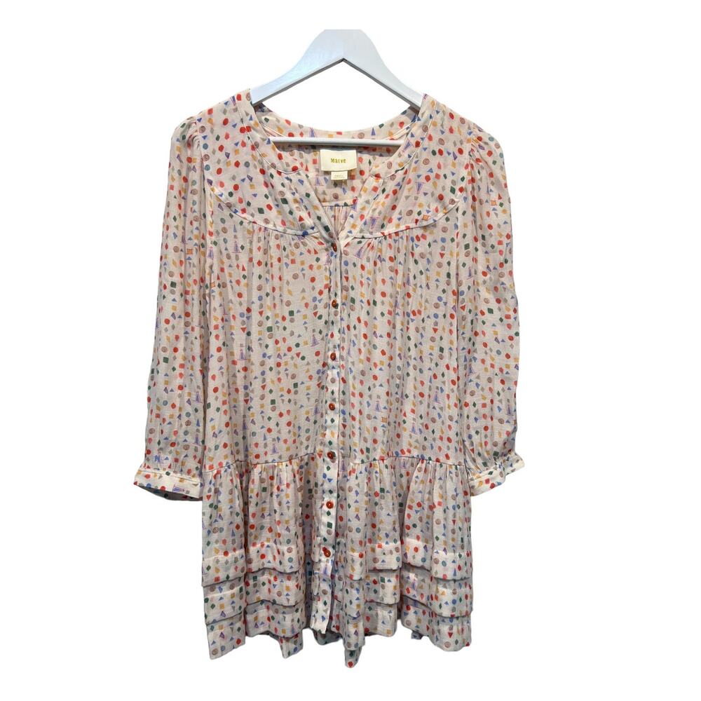 Anthropologie Maeve Top Womens Small Paccia Geometric Print Tunic Blouse Ruffle